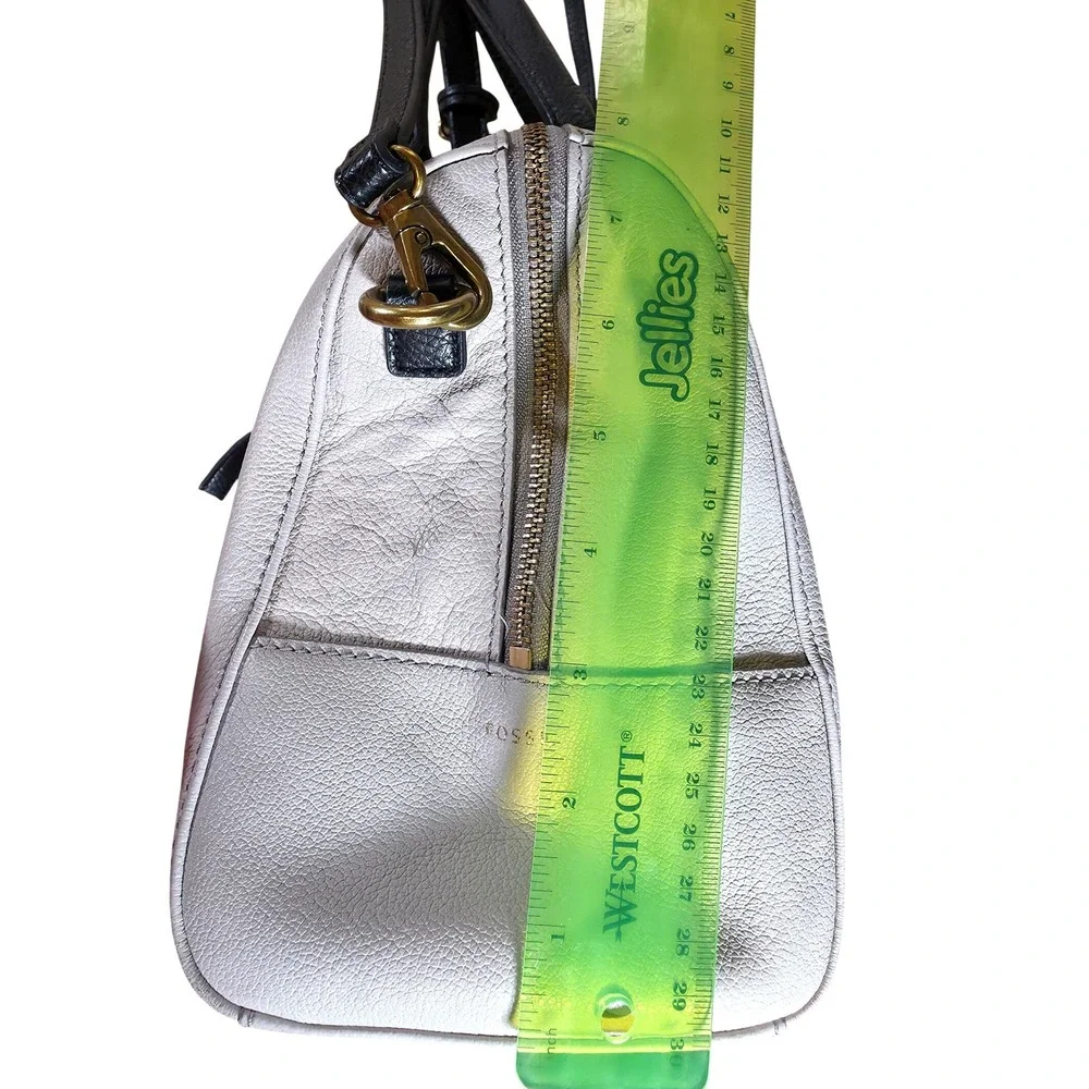 Fossil Jori Large Satchel Purse Gray White Leather Handbag Top Handle Bag w/ Key